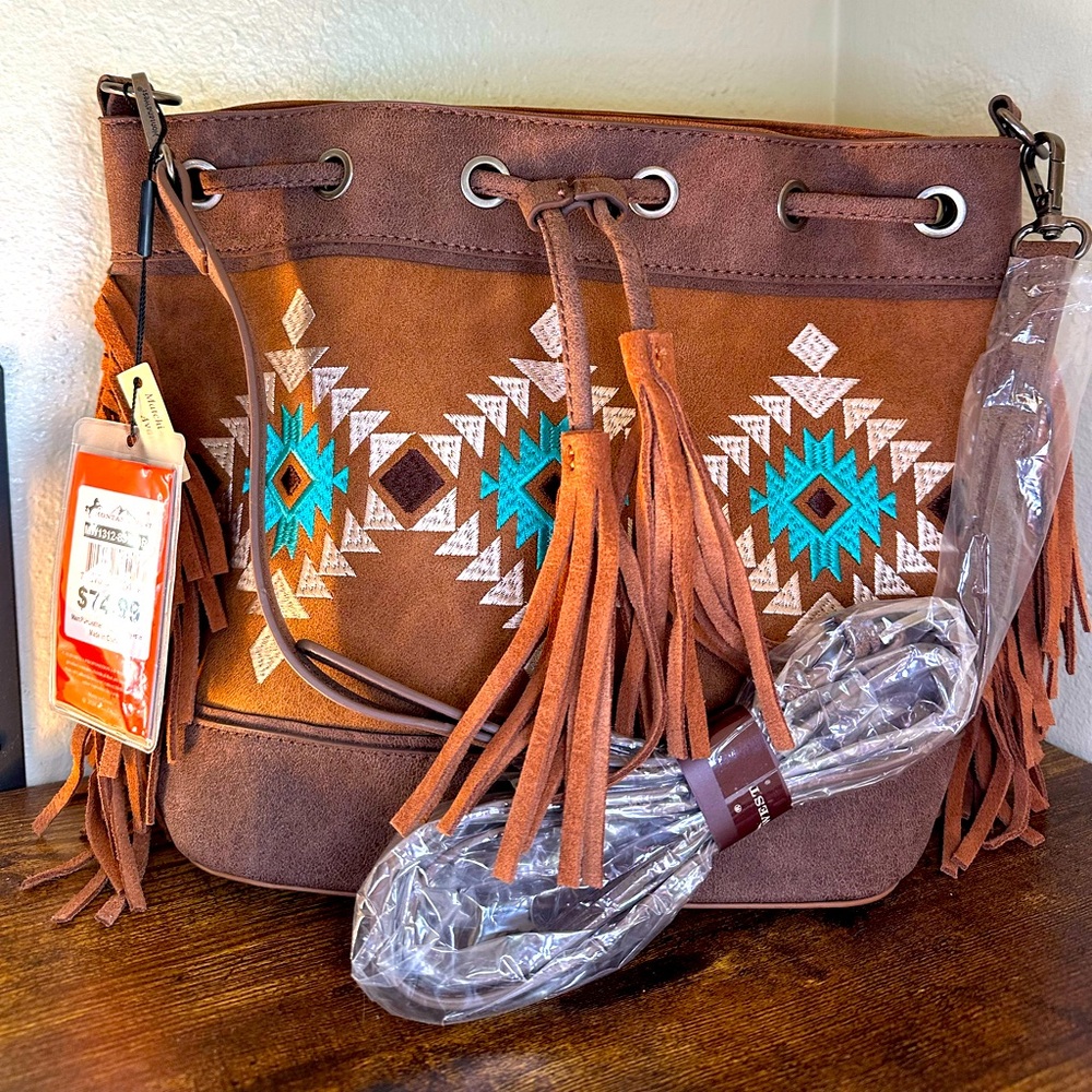 Montana West, Drawstring Purse, Brown with Turquoise Embroidered Detailing